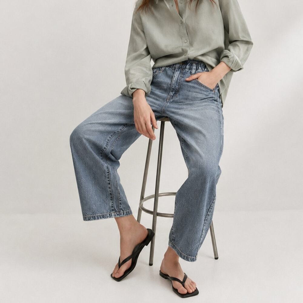 JNBY Denim Barrel Pants Womens XS Navy Print Denim High-rise Relaxed Leg